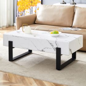 47.2x23.6Black And White Minimalist MDF Marble-Patterned Coffee Table.White Marble Pattern Sticker,Black Metal Leg Spray Coating,MDF Coffee Table