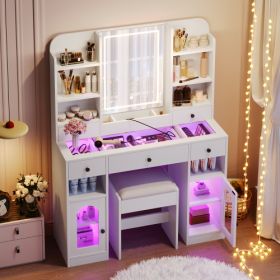 43.2 Vanity Desk With LED Mirror And Lights, Glass Top Vanity With RGB Glass Light Cabinets, Dressing Table With 5 Drawers ,Storage Shelves And S