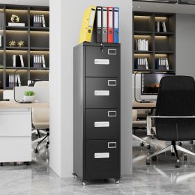 4 Drawer Vertical File Cabinet On Wheels, Lockable Office Files Storage Cabinet With Handle And Name Card,Mobile Storage Cabinet For Office And H