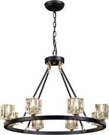 Black Wagon Wheel Chandelier, 8-Light Farmhouse Crystal Chandeleirs With Adjustable Height,Ceiling Hanging Light Fixture Pendant Lights For Livin