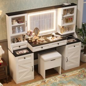 61.5 Farmhouse Vanity Desk With Mirror And LED Lights, Dressing Table With 5 Drawers And 4 Cabinets, Makeup Vanity Table Set With Glass Visual De