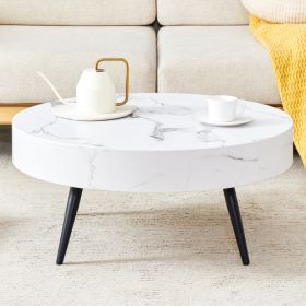 31.5 White Marble-Patterned MDF Round Coffee Table With Black Metal Legs.Adjustable Feet,Coffee Table,Round Table Design,MDF Material,White Marbl