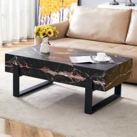 47.2x23.6 Black And White Minimalist MDF Marble-Patterned Coffee Table.White Marble Pattern Sticker,Black Metal Leg Spray Coating,MDF Coffee Tabl