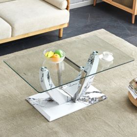 Modern Minimalist Transparent Tempered Glass Coffee Table With Marble Patterned MDF Legs And Stainless Steel Decorative Columns. Computer Desk. G