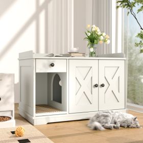 GO Cat Litter Box Enclosure, Litter Box Furniture Hidden With Cat Litter Mat, Indoor Cat House With Storage Drawer Side Table, Farmhouse Style Ca