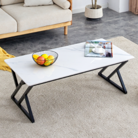 A Coffee Table Made Of Rock Slab Material, With A Smooth And Natural Surface That Complements The Modern Design Of The Black Metal Legs, Making I