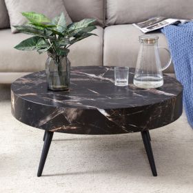 31.5 Black Marble-Patterned MDF Round Coffee Table With Black Metal Legs.Adjustable Feet,Coffee Table,Round Table Design,MDF Material,Black Marbl