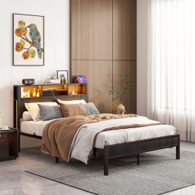 Full Size Bed Frame With Storage Headboard, Metal Platform Bed With Charging Station, Bookcase Storage, No Box Spring Needed, Easy Assembly, Nois