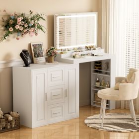 59Makeup Vanity Desk With Mirror, Vanity Mirror With Lights, Dressing Table With 3 Drawers And 2 Cabinets, Vanity Table With Storage Shelves For