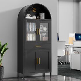 73 Inch Metal Tall Arched Display Cabinet, Metal Arched Bookshelf With Doors,Shelves,Drawers, Modern Freestanding Bookcase For Home Office Bar Li