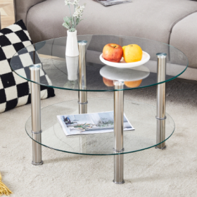 Contemporary Minimalist Double Layer Tempered Glass Coffee Table  27.5 Top And 23.6 Bottom.Reinforced Glass Tabletop,Stainless Steel Silver Plate