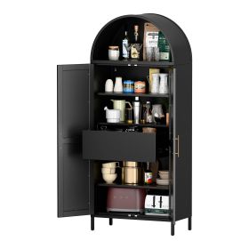 73inch Tall Metal Arched Cabinet, Modern Arch Bookshelf Display Cabinet With Doors,Shelves,Internal Drawers For Home Office Kitchen Bar Living Ro