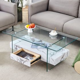 43.3 Inch Modern Two-Tier Coffee Table - Clear Tempered Glass And White Marble Texture, Multifunctional Storage Design.The Bottom Tier Includes A