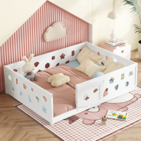 Full Size Floor Bed With Slats, Solid Wood Bedframe With Heightened Safety Guardrails And Door, For Girls, Boys, Teens, Child Bedroom, Kids Playr (Color: White)