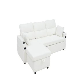 Convertible Sleeper Sofa 2 In 1, L-Shaped Couches For Living Room, Pull Out Sectional Futon Sofa Bed With Storage Space, USB Ports And Cup Holder (Color: White)
