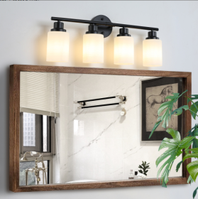 24 Modern 4-Light Vanity Bathroom Mirror Light, Frosted White Glass With Black Iron Frame, Contemporary Wall Sconce For Bedroom, Bathroom, And Dr (Option: Black White)