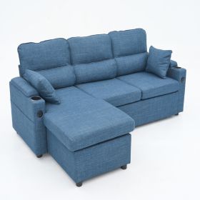 Convertible Sleeper Sofa 2 In 1, L-Shaped Couches For Living Room, Pull Out Sectional Futon Sofa Bed With Storage Space, USB Ports And Cup Holder (Color: Blue)