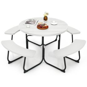 8-Person Outdoor Picnic Table And Bench Set With Umbrella Hole (Color: White)