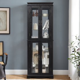 Lighted Glass Curio Display Cabinet,Display Cabinet,Glass Storage Cabinet Glass Wine Cabinet Wood Frame Toy Display For Living Room, Kitchen, Pan (Color: Black)