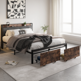 Queen Size Bed Frame, Storage Headboard With Charging Station And 2 Drawers, Solid And Stable, No Box Spring Needed, Easy Assembly, Vintage Brown (Color: Black)