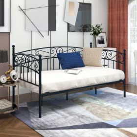 Metal Daybed Frame Multifunctional Mattress Foundation Bed Sofa With Headboard, Twin, Black (Color: Black)