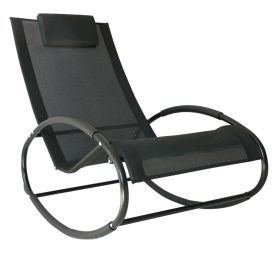Patio Rocking Chair, Outdoor Chaise Lounger With Headrest Pillow And Breathable Fabric For Backyard, Living Room, Deck And Poolside, Black (Color: Black)