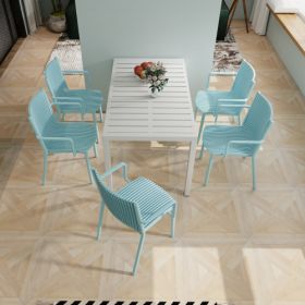 4pcs Modern Stackable Plastic Armchair For Indoor  Outdoor Use  Ergonomic Slatted Back Design, All  Weather PP Material, Light Baby Blue   Patio, (Option: Warm Grey)