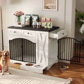 GO 43.3 Farmhouse Dog Crate Furniture, Heavy Duty Dog Crate With 3 Drawers, Indoor Wooden Dog Kennel With Removable Feeder, Dog Cage End Table Fo (Option: BlackWhite)