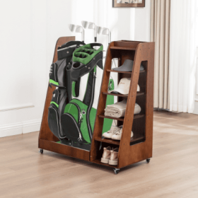 Golf Bag Organizer For Garage, Premium Wooden Golf Clubs Storage Rack Fit 2 Golf Bags, Golf Trunk Organizer For Car Garage Club Shed Basement, (Color: Brown)