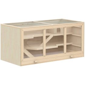 Hamster Cage 3 Tiers Wooden Big Habitat Mice Rat Exercise Play House Pen Opening Roof Ramps (Color: Beige)