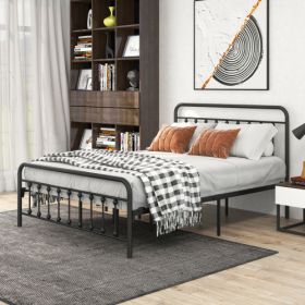 Metal Platform Bed Frame, Victorian Style Headboard Footboard Under Bed Storage No Box Spring Needed Queen Size Black (Color: Black)