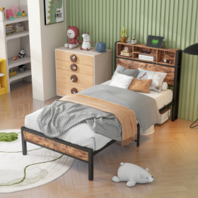 Twin Size Bed Frame With Storage Headboard, Metal Platform Bed With Charging Station, Bookcase Storage, No Box Spring Needed, Easy Assembly (Option: Black Brown)
