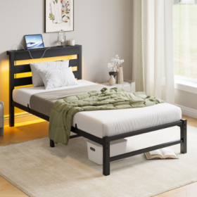 Twin Size Bed Frame Heavy Duty Platform Bed Frame With Headboard, USB Charging Station, LED Bed, No Box Spring Needed, Mattress Foundation, Stron (Option: Color Black)