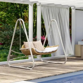Double Rattan Outdoor Porch Hanging Chair Swing Chair With Thick Cushions And Pillows (Color: White)