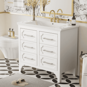 36'' Bathroom Vanity With Resin Sink Combo, Free Standing Single Vanity Set With Four Drawers, Solid Wood Frame Bathroom Storage Cabinet (Color: White)
