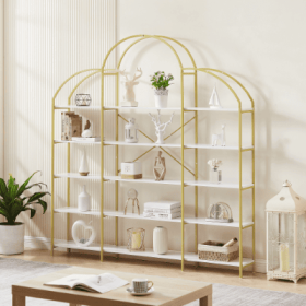 74.8 Inch 5 Tiers Office Bookcase Bookshelf, Display Shelf with Round Top, X Bar Gold Frame (Option: Golden)