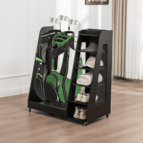 Golf Bag Organizer For Garage, Premium Wooden Golf Clubs Storage Rack Fit 2 Golf Bags, Golf Trunk Organizer For Car Garage Club Shed Basement, (Color: Black)