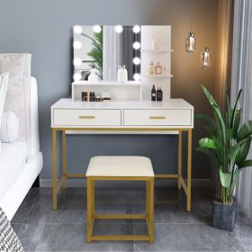 FCH Large Vanity Set with 10 LED Bulbs, Makeup Table with Cushioned Stool, 3 Storage Shelves 2 Drawers, Dressing Table Dresser Desk for Women, Girls (Color: as picture)