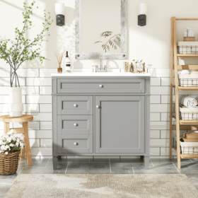 36'' Bathroom Vanity With Top Sink, Modern Bathroom Storage Cabinet With 2 Drawers And A Tip-out Drawer, Single Sink Bathroom Vanity (Color: Grey)