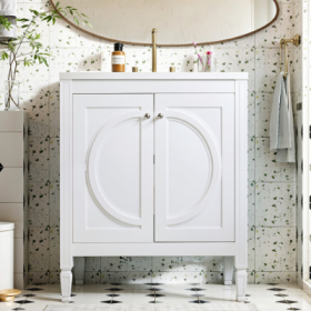 30 No Assembly Needed Vintage White Bathroom Vanity With Ceramic Sink,Two Soft Close Doors  Adjustable Shelf,Modern Farmhouse Style (Color: White)
