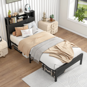 Twin Size Bed Frame With Storage Headboard, Metal Platform Bed With Charging Station, Bookcase Storage, No Box Spring Needed, Easy Assembly, Blac (Color: Black)