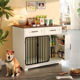 GO 37.4 Dog Crate Furniture, Indoor Dog Kennel With 2 Drawers And Storage Cabinet, Modern Furniture Dog Crate Side End Table For Small Medium Dog (Option: Dark BrownWhite)