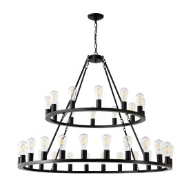 48 Inch Black Extra Large Wagon Wheel Chandelier, 2 Tier 36-Lights No Include Farmhouse Industrial Round High Ceiling Pendant Light Adjustable Ch (Option: Matte Black)