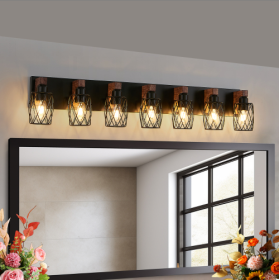 Industrial Vintage 7-Light Wall Sconce - Black Cage Wall Lighting Fixture With Wooden Accents For Bathroom, Hallway, Or Living Room Bulb Not Incl (Option: Walnut and black)